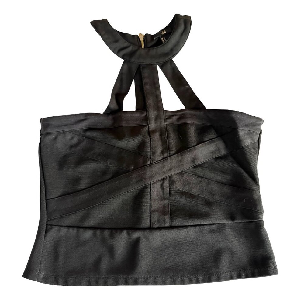 H&M Black Crisscross Halter Bandage Bustier Top with Exposed Back Zip – Size M